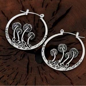 Retro Bohemian Style Gothic Silver Mushroom Hoop Earrings